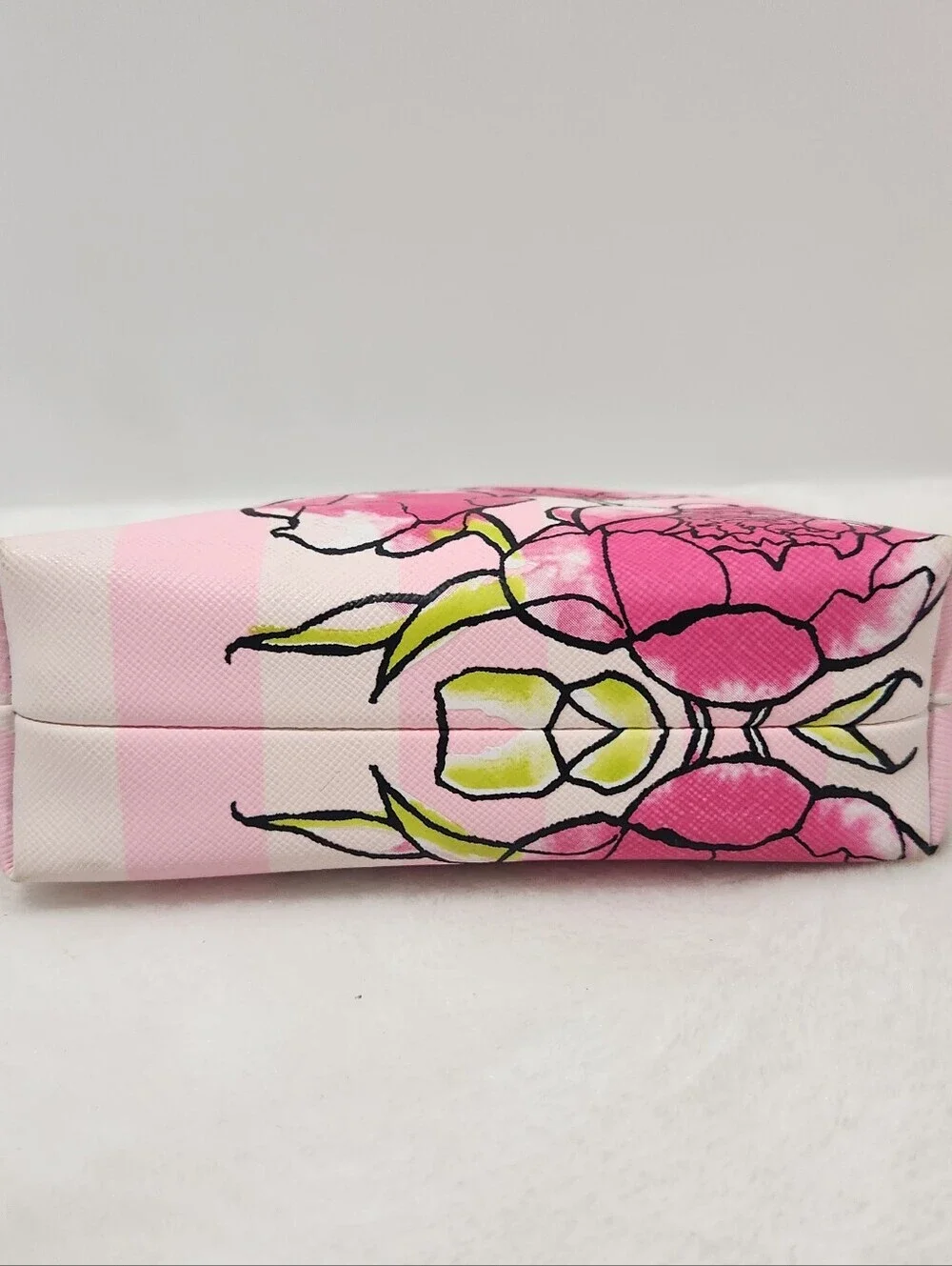 Victorias Secret VS Pink White Strip Floral Flower Mini Makeup Bag Pouch
